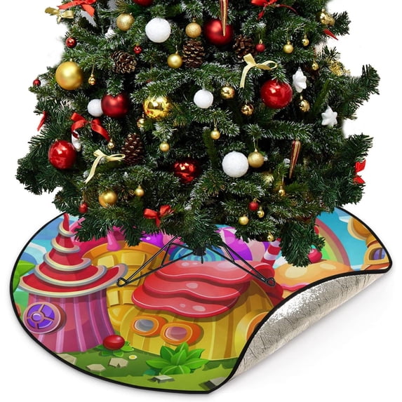 Coolnut Fairytale Candy Town Christmas Tree Mats Waterproof Tree Skirt, Colorful Lollipop Houses Xmas Tree Stand Tray Mat Floor Protector Pad for Holiday Party Decoration, 28.3"