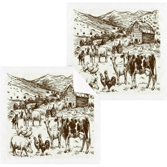 Coolnut Farm Animals Wash Cloths 2 Pack - 12 x 12 Inch Super Soft Washcloths for Your Face and Body - 100% Cotton Highly Absorbent Baby Face Towel Washcloth Gift