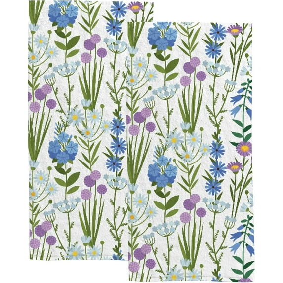 Coolnut Fingertip Hand Towels, Set of 2 Pcs Floral Pattern Wildflowers Leaves Absorbent Face Bath Towels for Bathroom Kitchen, 30"x15"