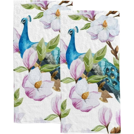 Coolnut Fingertip Hand Towels, Set of 2 Pcs Watercolor Magnolia Flower Peacock Absorbent Face Bath Towels for Bathroom Kitchen, 30"x15"
