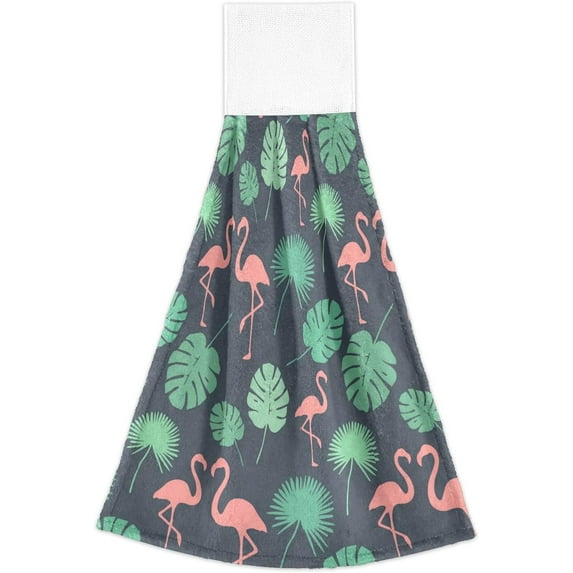 Coolnut Flamingo Hanging Towel Set of 2, Absorbent Soft Coral Velvet Hand Towel with Hanging Loop for Bathroom, Kitchen, Home Decor, 14 x 18 Inch Washcloth Gift