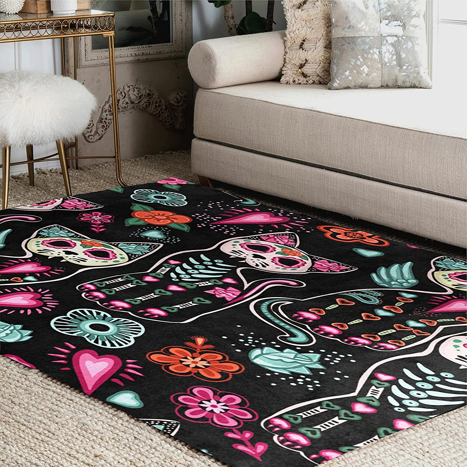 Coolnut Floral Day of The Dead Cat Kitten Sugar Skull Area Rug Rugs for