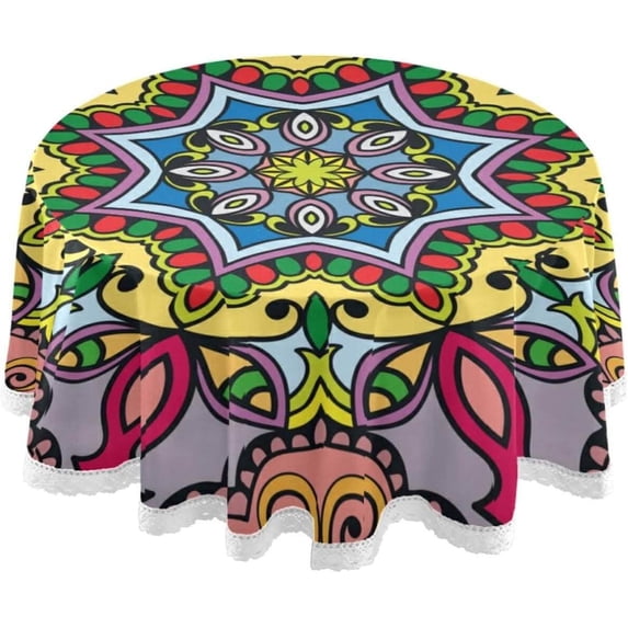 Coolnut 60" Floral Geometric Mandala Ornament Round Tablecloth, Table Cover Water Resistant Spill Proof Large Table Cover for Indoor & Outdoor Family Gathering Dinner, Hotel, BBQ