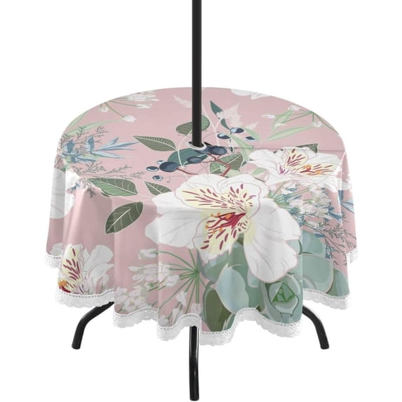 Coolnut Floral Pattern 60" Round Tablecloth with Zipper Umbrella Hole, Washable Spillproof Table Cloth Decorative for Picnic,Camping,Indoor and Outdoor