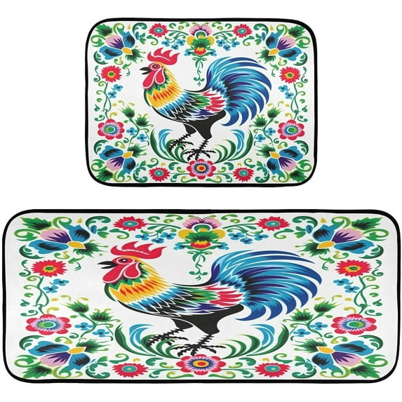 Coolnut Floral Rooster Kitchen Mat - Cushioned Anti Fatigue Kitchen Rug Set of 2, Non Slip Waterproof Kitchen Mats for Kitchen, Laundry, Sink, Office 19.7"×27.6"+19.7"×47.2" Home Decor