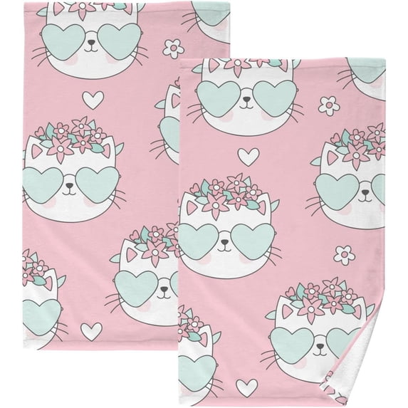 Coolnut Florer Cute Cat Patterned Hand Towels 2 PCS, Cotton Bath Towel for Drying Face Hands Body Decorative Water Absorbent Lightweight Towels for Bathroom Ktichen Travel Gym, 16"x28"