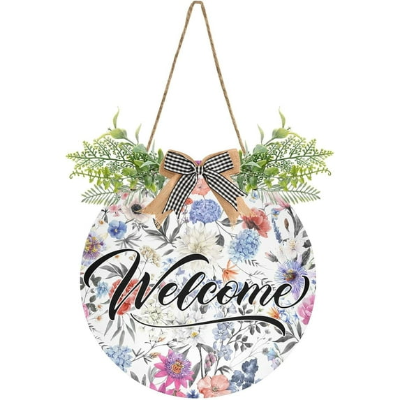 Coolnut Flower Welcome Sign for Front Door, Rustic Wooden Wall Sign with Artificial Leaves for Home Farmhouse Porch, 12" Round Home Decor