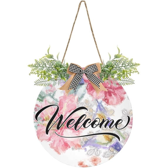 Coolnut Flower Welcome Sign for Front Door, Rustic Wooden Wall Sign with Artificial Leaves for Home Farmhouse Porch, 12" Round Home Decor