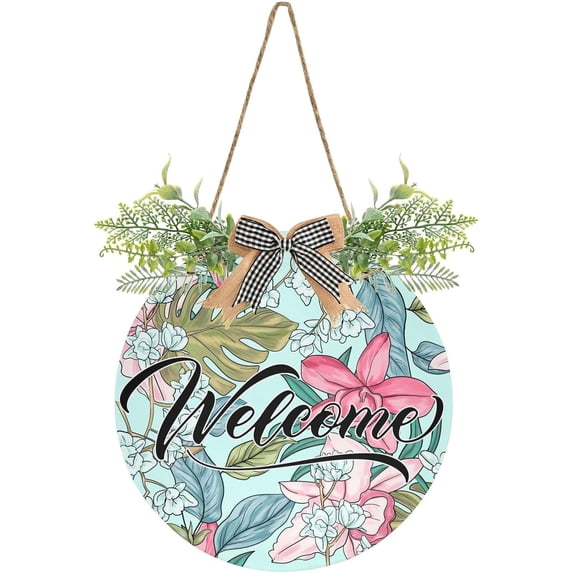 Coolnut Flower Welcome Sign for Front Door, Rustic Wooden Wall Sign with Artificial Leaves for Home Farmhouse Porch, 12" Round Home Decor