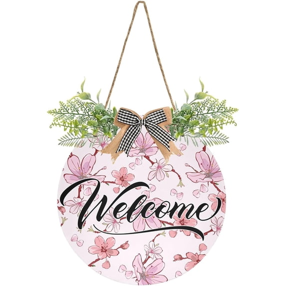Coolnut Flower Welcome Sign for Front Door, Rustic Wooden Wall Sign with Artificial Leaves for Home Farmhouse Porch, 12" Round Home Decor