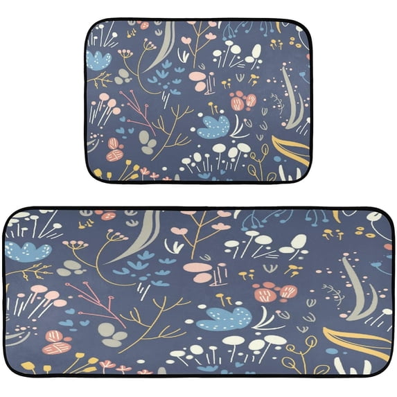 Coolnut Flowers Blue Illustration Kitchen Floor Mats Set of 2, Non-Slip Washable, Absorbent, Soft and Comfortable Kitchen Rugs, 19.7 "x27.6+19.7 "x47.2 Home Decor