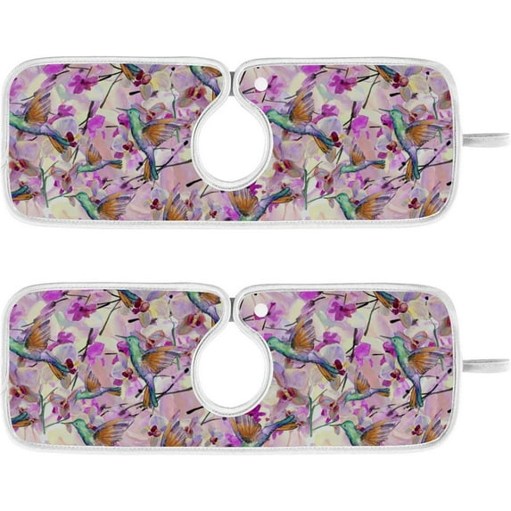 Coolnut Flowers Hummingbird Sink Splash Guard for Faucet 2 Packs Faucet Absorbent Mats, Summer Purple Floral Faucet Handle Drip Catcher Quickly Drying Mat for Kitchen Counter, 14.9"x5.5"