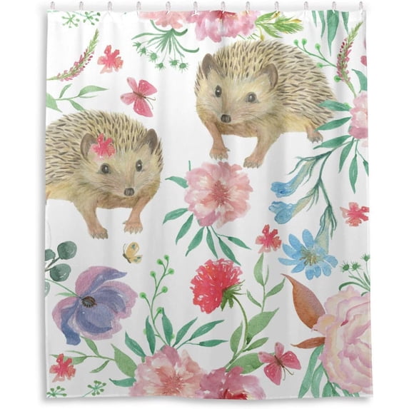 Coolnut Flowers and Hedgehog Bathroom Waterproof Shower Curtain Set Bathtub Curtain with 12 Hooks for Bathroom Decor,Hotel,Room,60x72Inch