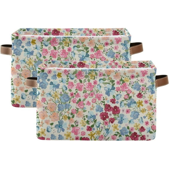 Coolnut Foldable Storage Bins Blooming Wildflowers Fabric Storage Baskets Collapsible Decorative Baskets Closet Organizer Bins with PU Handles for Shelves Home Closet-2Pack Decor Gifts