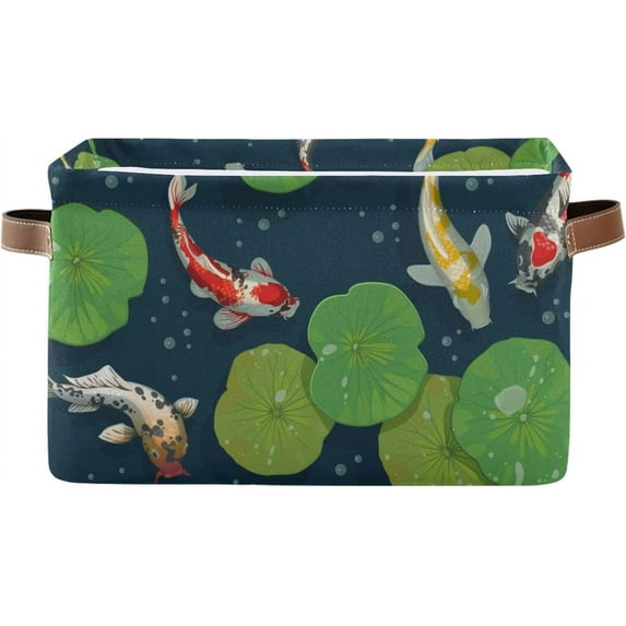 Coolnut Foldable Storage Bins Koi Fish Fabric Storage Baskets Collapsible Decorative Baskets Closet Organizer Bins with PU Handles for Shelves Home Closet Bedroom Living Room-1Pack Decor Gifts