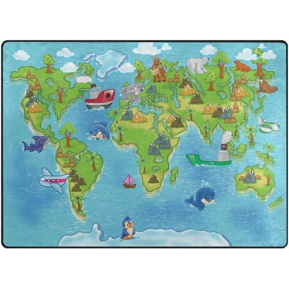 Coolnut Funny Cartoon World Map Area Rug, 4'x5' Pet & Child Friendly Carpet for Living Room Bedroom Dining Room,Indoor Outdoor Soft Rug Washable Non Slip Comfortable Area Rug