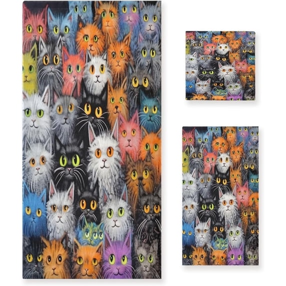 Coolnut Funny Colorful Cats Towels Absorbent Bath Towels Set Soft & Comfortable Towel Set for Home Hotel Decor, 3 Piece Washcloth Gift