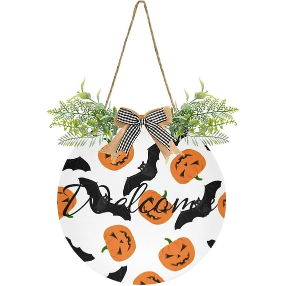Coolnut Funny Grimace Pumpkins and Bats Welcome Sign Front Door Round Wall Door Sign with Flowers Hanging Sign for Entryway Front Porch Hallway Yard Garden Home Decor