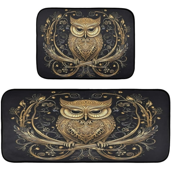 Coolnut Gold Owl Kitchen Mat - Cushioned Anti Fatigue Kitchen Rug Set of 2, Non Slip Waterproof Kitchen Mats for Kitchen, Laundry, Sink, Office 19.7"×27.6"+19.7"×47.2" Home Decorations