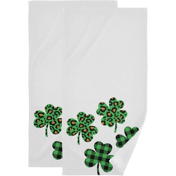 Coolnut Green Buffalo Check Clover Hand Towels 2 PCS, Ultra Soft and Highly Absorbent, Leopard Print Shamrock Decorative Fingertip Towel for Home, Bathroom, Kitchen, 28.3"x14.4"