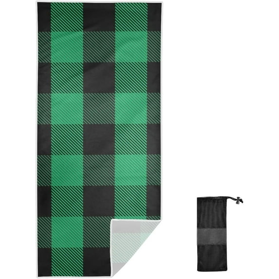 Coolnut Green Plaid Beach Towel, Sand Free Super Absorbent Oversized Travel Towel with Mesh Bag for Beach, Camping, Swimming, Holiday, 31 x 71 Inch Washcloth Gift
