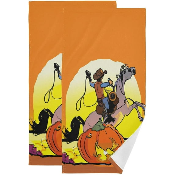 Coolnut Halloween Cowboy Hand Towels 2 PCS, Ultra Soft and Highly Absorbent, Jack-o'-Lantern Decorative Fingertip Towel for Home, Bathroom, Kitchen, 28.3"x14.4"
