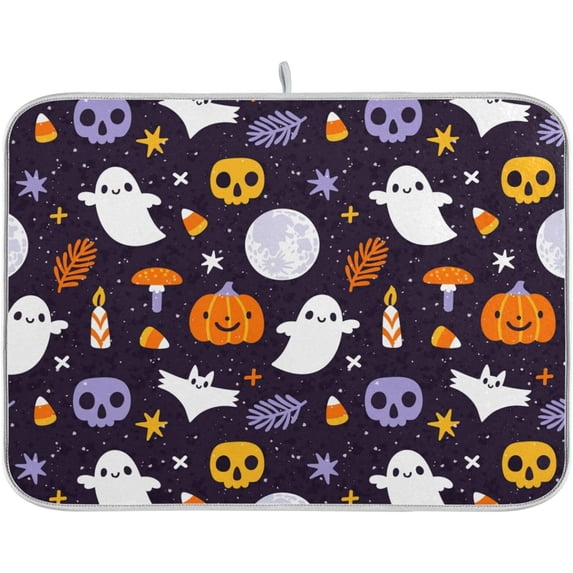 Coolnut Halloween Ghost Skull Dish Drying Mat Absorbent Reversible Drying Pad Dish Drainer Rack Mat for Kitchen Countertops Sinks,24"x18"