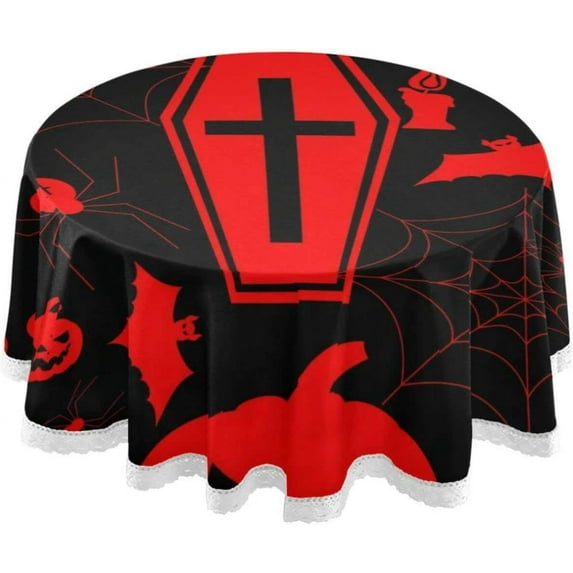 Coolnut Halloween Red Coffin Round Tablecloth 60In, Water Resistant Spill Proof Large Table Cover for Indoor & Outdoor Family Gathering Dinner, BBQ Halloween Decoration