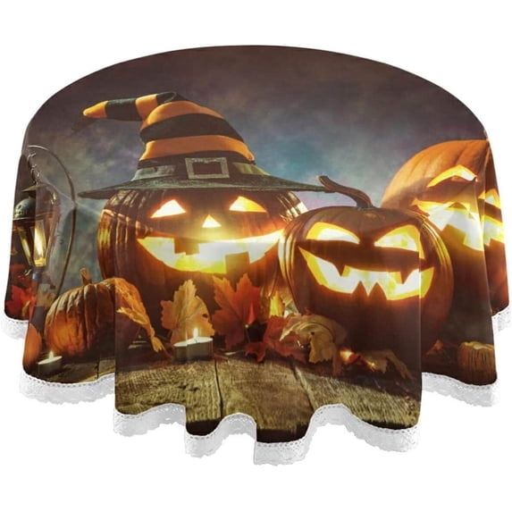 Coolnut Halloween Tablecloth 60 in,Halloween Pumpkin with Lit Candles Party Lace Round Table Cloth Water Resistant Spill Proof Large Table Cover for Kitchen BBQ Hotel Dining Party Decoration