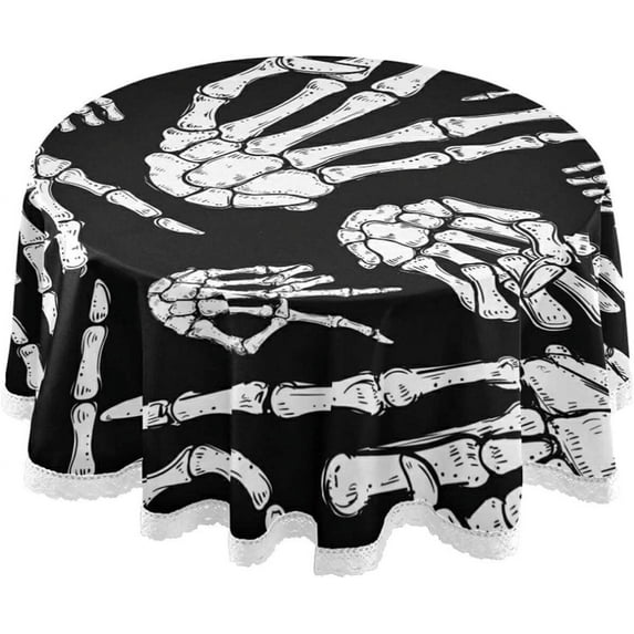 Coolnut Halloween Tablecloth 60 in,Black and White Halloween Skeleton Hands Party Lace Round Table Cloth Water Resistant Spill Proof Large Table Cover for Kitchen BBQ Hotel Dining Party Decoration