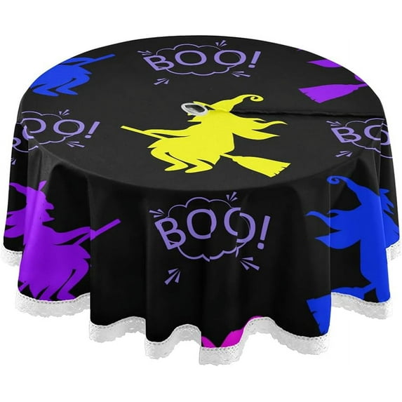 Coolnut Halloween Tablecloth 60 in,Halloween Colored Witch Party Lace Round Table Cloth Water Resistant Spill Proof Large Table Cover for Kitchen BBQ Hotel Dining Party Decoration