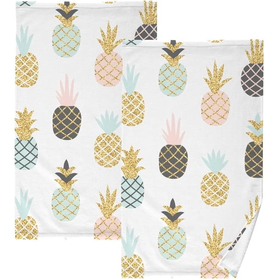 Coolnut Hand Towels Geometric Gold Pineapple Patterned 2 PCS, Cotton Bath Towel for Drying Face Hands Body Decorative Water Absorbent Lightweight Towels for Bathroom Ktichen Travel Gym, 16"x28"