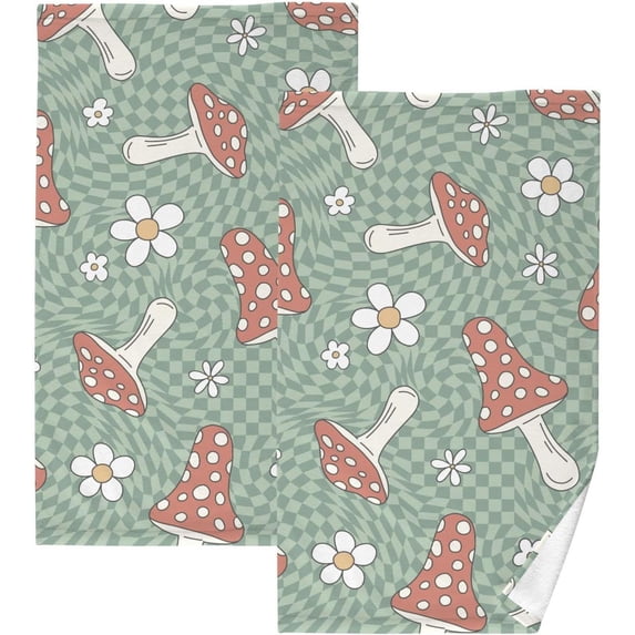 Coolnut Hand Towels Mushroom Checkered Patterned 2 PCS, Cotton Bath Towel for Drying Face Hands Body Decorative Water Absorbent Lightweight Towels for Bathroom Ktichen Travel Gym, 16"x28"