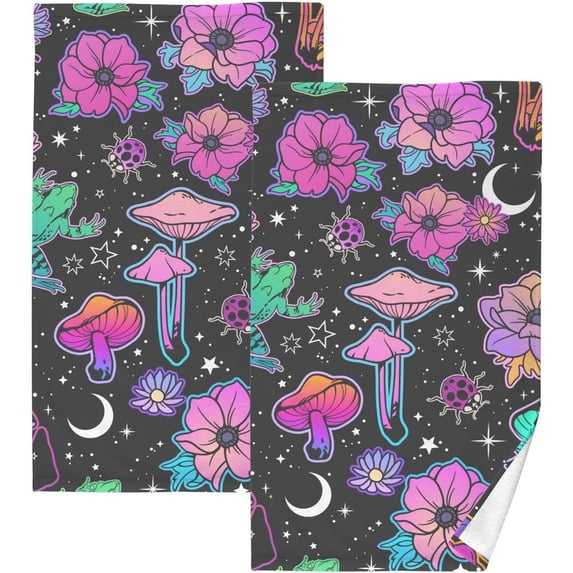 Coolnut Hand Towels Mushroom Floral Patterned 2 PCS, Cotton Bath Towel for Drying Face Hands Body Decorative Water Absorbent Lightweight Towels for Bathroom Ktichen Travel Gym, 16"x28"