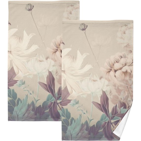 Coolnut Hand Towels Purple White Flower Print, Cotton Bath Towels Drying Face Hands Body Thin Water Absorbent Lightweight Quickdry Washcloth for Bathroom Ktichen Travel Gym 2 PCS 16×28 in