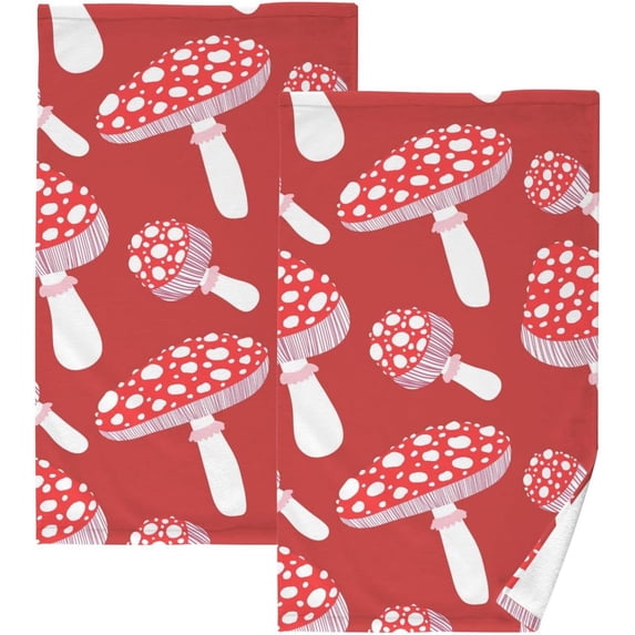 Coolnut Hand Towels Red Mushrooms Patterned 2 PCS, Cotton Bath Towel for Drying Face Hands Body Decorative Water Absorbent Lightweight Towels for Bathroom Ktichen Travel Gym, 16"x28"