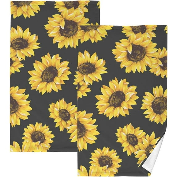 Coolnut Hand Towels Sunflower in Black Patterned 2 PCS, Cotton Bath Towel for Drying Face Hands Body Decorative Water Absorbent Lightweight Towels for Bathroom Ktichen Travel Gym, 16"x28"