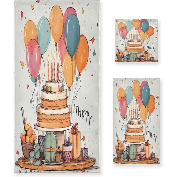 Coolnut Happy Birthday Pattern Bathroom Towel Set Absorbent Soft 3-Piece Bath Towel Hand Towel Washcloth Decorative Towels for Bathroom Gym Hotel Beach Swimming Pool Washcloth Gift