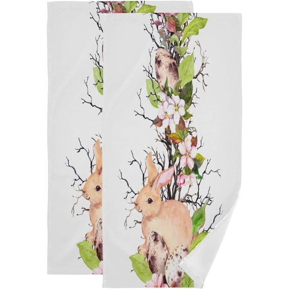 Coolnut Happy Easter Bunny Hand Towels 2 PCS, Rabbit Eggs Flowers Kitchen Towel Ultra Soft and Highly Absorbent,Decorative Fingertip Face Towel for Bathroom Hotel, 28.3"x14.4"