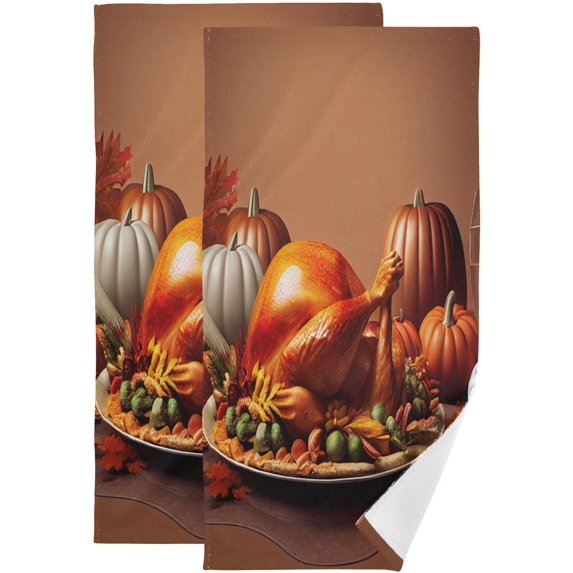 Coolnut Happy Thanksgiving Hand Towels 2 PCS, Ultra Soft and Highly Absorbent, 3D Pumpkins Turkey Decorative Fingertip Towel for Home, Bathroom, Kitchen, 28.3"x14.4"