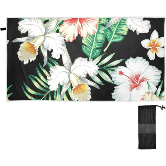 Coolnut Hawaiian Floral Black Beach Towel Fast Drying Camping Towels Sand Free Beach Blanket Soft Absorbent Travel Sport Towel for Gym Bath Shower Swimming 31" x 71" Washcloth Gift