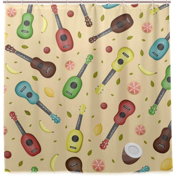 Coolnut Hawaiian Ukulele and Fruits Bath Shower Curtain Liners 72"x72", Polyester Waterproof Bath Curtains with Hooks for Bathroom Decoration