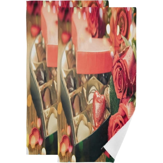 Coolnut Heart Roses Valentine Vintage Bath Hand Towels 2 PCS, Ultra Soft and Highly Absorbent, Red Floral Chocolate Truffles Decorative Fingertip Face Towel for Home, Bathroom, Kitchen, 28.3"x14.4"