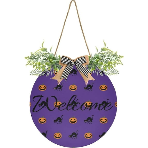 Coolnut Helloween Pumpkins Purple Welcome Sign Front Door Round Wall Door Sign with Flowers Hanging Sign for Entryway Front Porch Hallway Yard Garden Home Decor