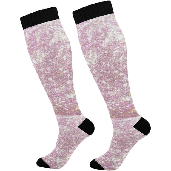 Coolnut High Elasticity Compression Socks, High Knee Socks Adult Universal Leisure Relieve Fatigue, Pink Glitter Sequins Travel Daily with Running (2 Pair) Gift