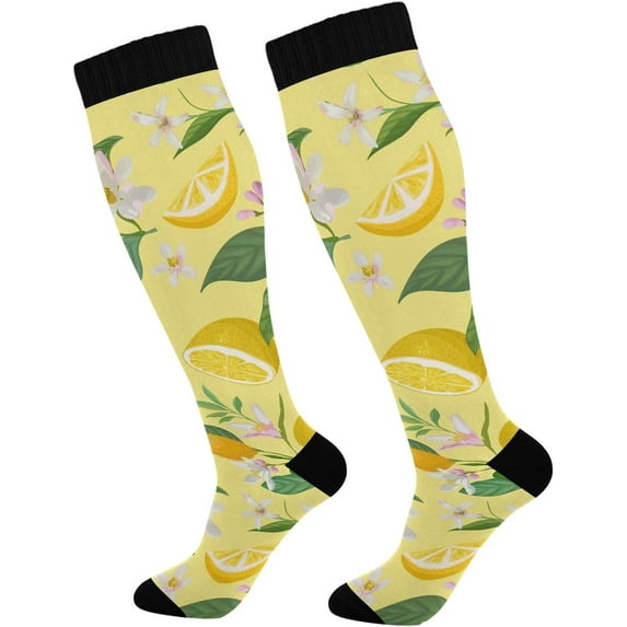 Coolnut High Elasticity Compression Socks, High Knee Socks Adult Universal Leisure Relieve Fatigue, Summer Lemon Travel Daily with Running (2 Pair) Gift