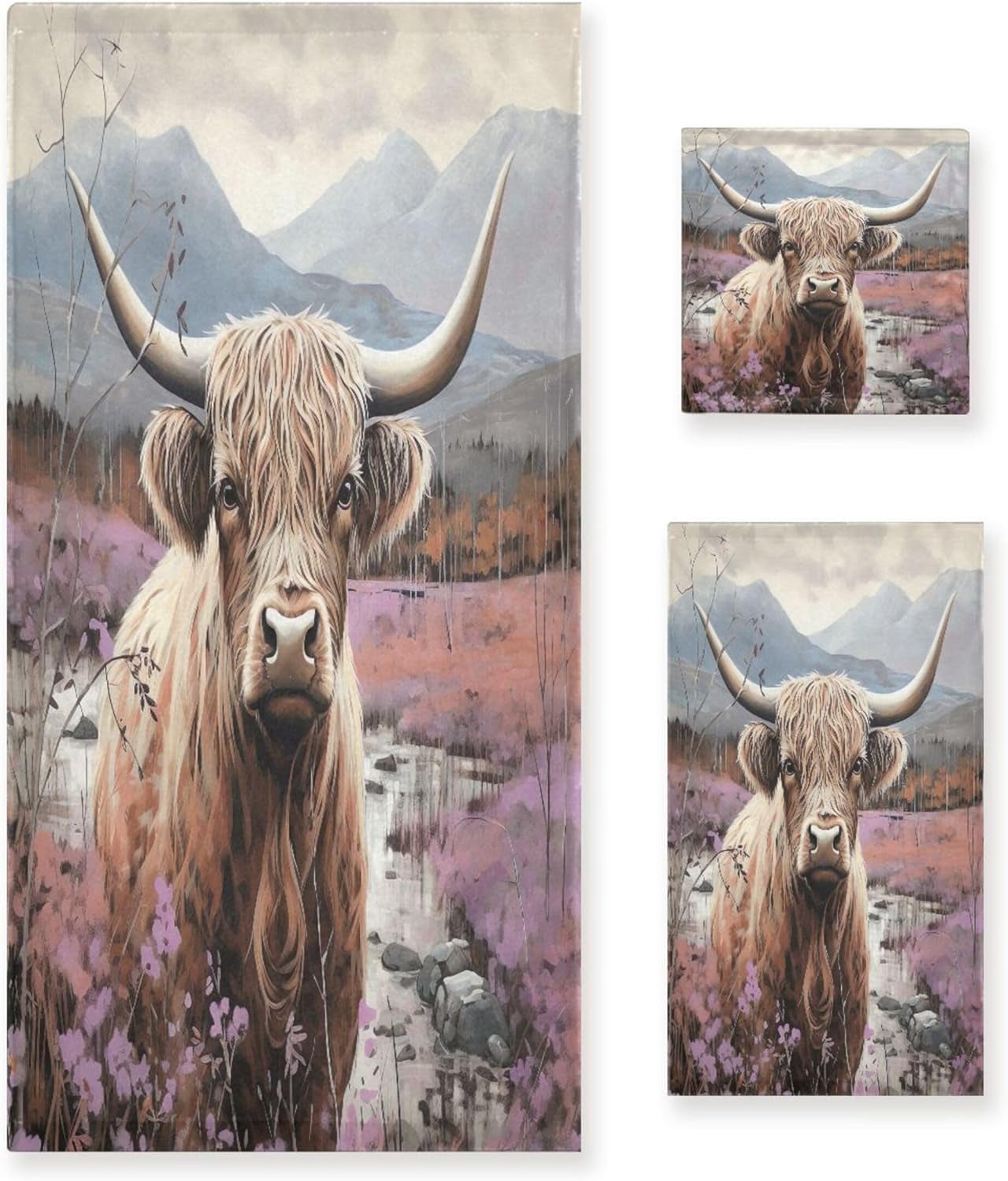 AnyDesign Highland Cow Hand Towels (2-Pack) | Cute Embroidered Cotton Dish Towels For Kitchen & Bathroom, 29.5x13.7 Inch
