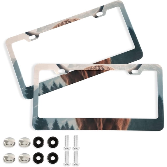Coolnut Highland Cow License Plate Frames 2 Pack, Waterproof Aluminum Alloy Car Tag Holder 2 Holes License Plate Covers with Screw Caps Auto Accessories Home Decor