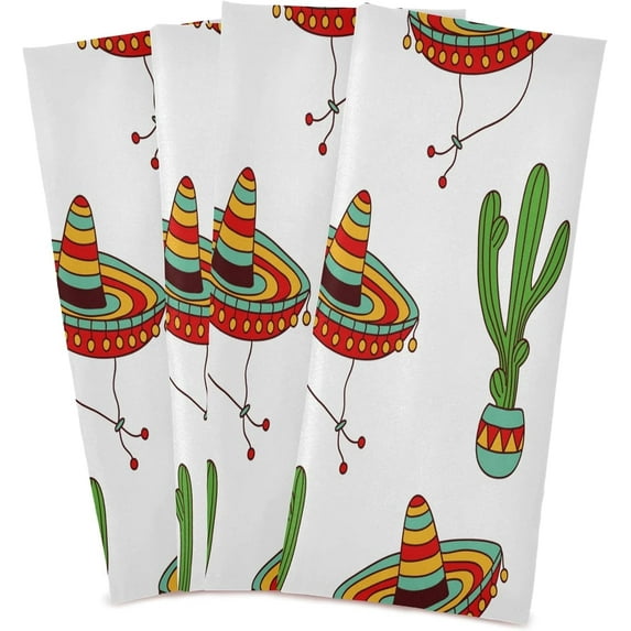 Coolnut Kitchen Dish Towels, Mexican Sombrero Cactus Kitchen Towels Set of 4 Super Soft Absorbent Dish Towels Set Microfiber Polyester Kitchen Dish Cloths Decorative Tea Towels, 28x18 Inch