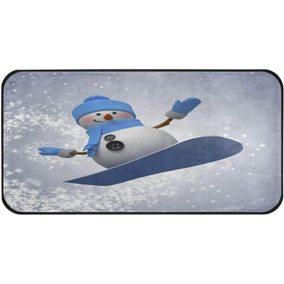 Coolnut Kitchen Rugs,3D Snowman on Snowboard Non Slip Washable Cushioned Carpets Polyester AntiFatigue Comfort Porch Floor Mat Christmas Decoration 39×20 in